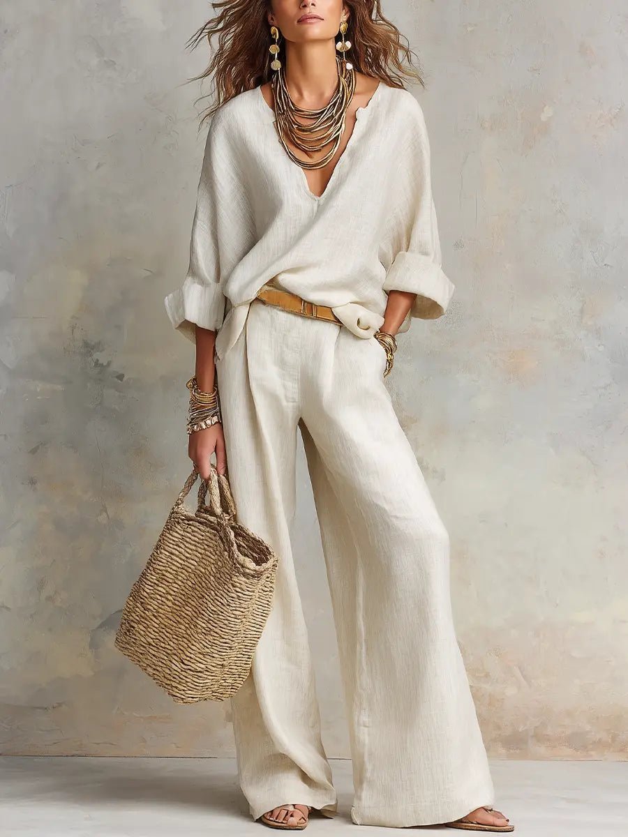 Dames Linnen Wide Leg Pants V-hals Relaxed Tweedelig Set - White