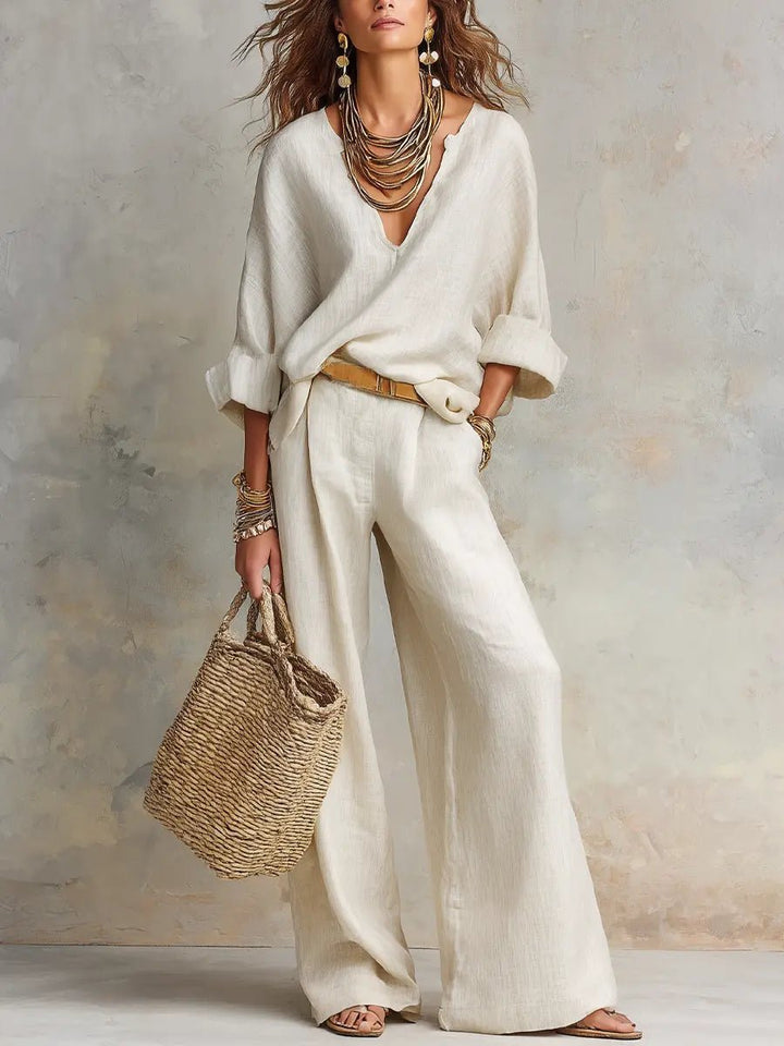 Dames Linnen Wide Leg Pants V-hals Relaxed Tweedelig Set - White