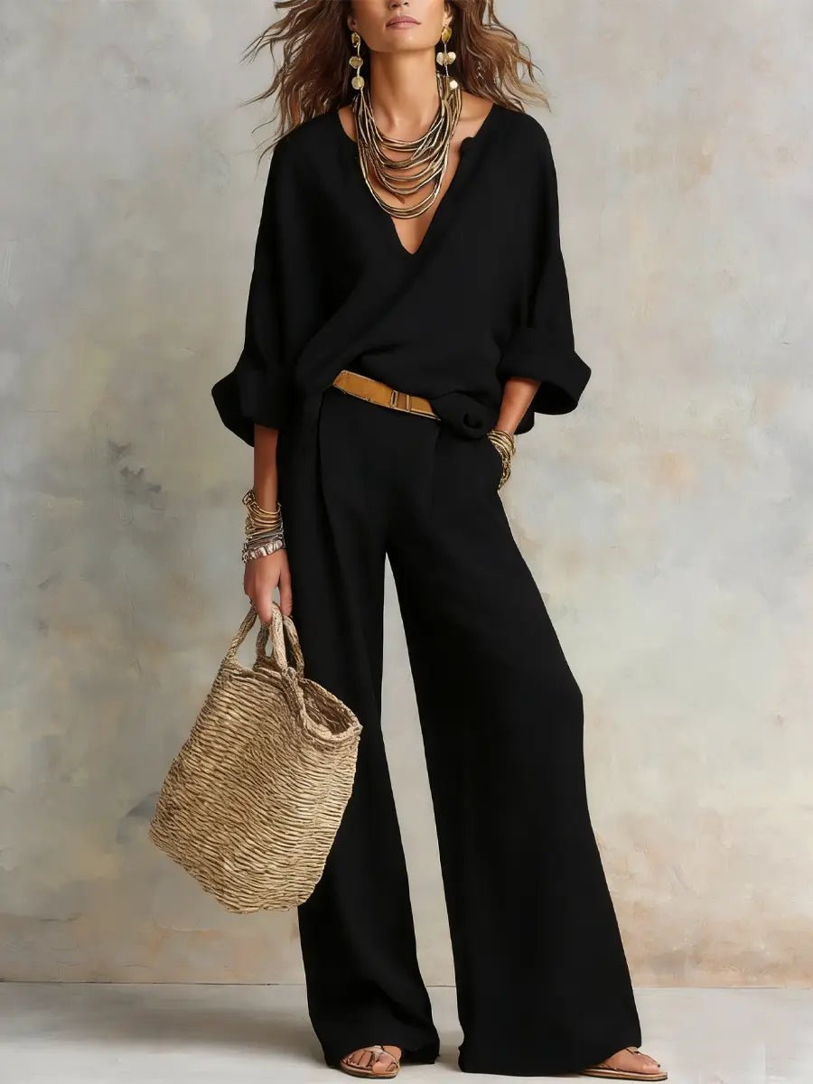 Dames Linnen Wide Leg Pants V-hals Relaxed Tweedelig Set - Black