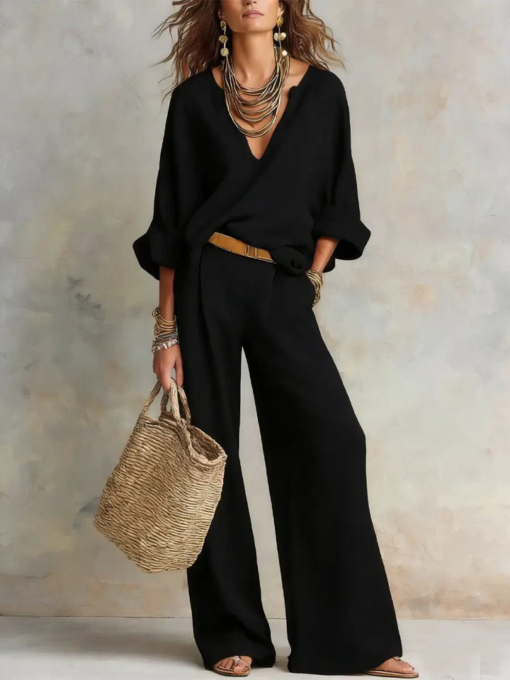 Dames Linnen Wide Leg Pants V-hals Relaxed Tweedelig Set - Black
