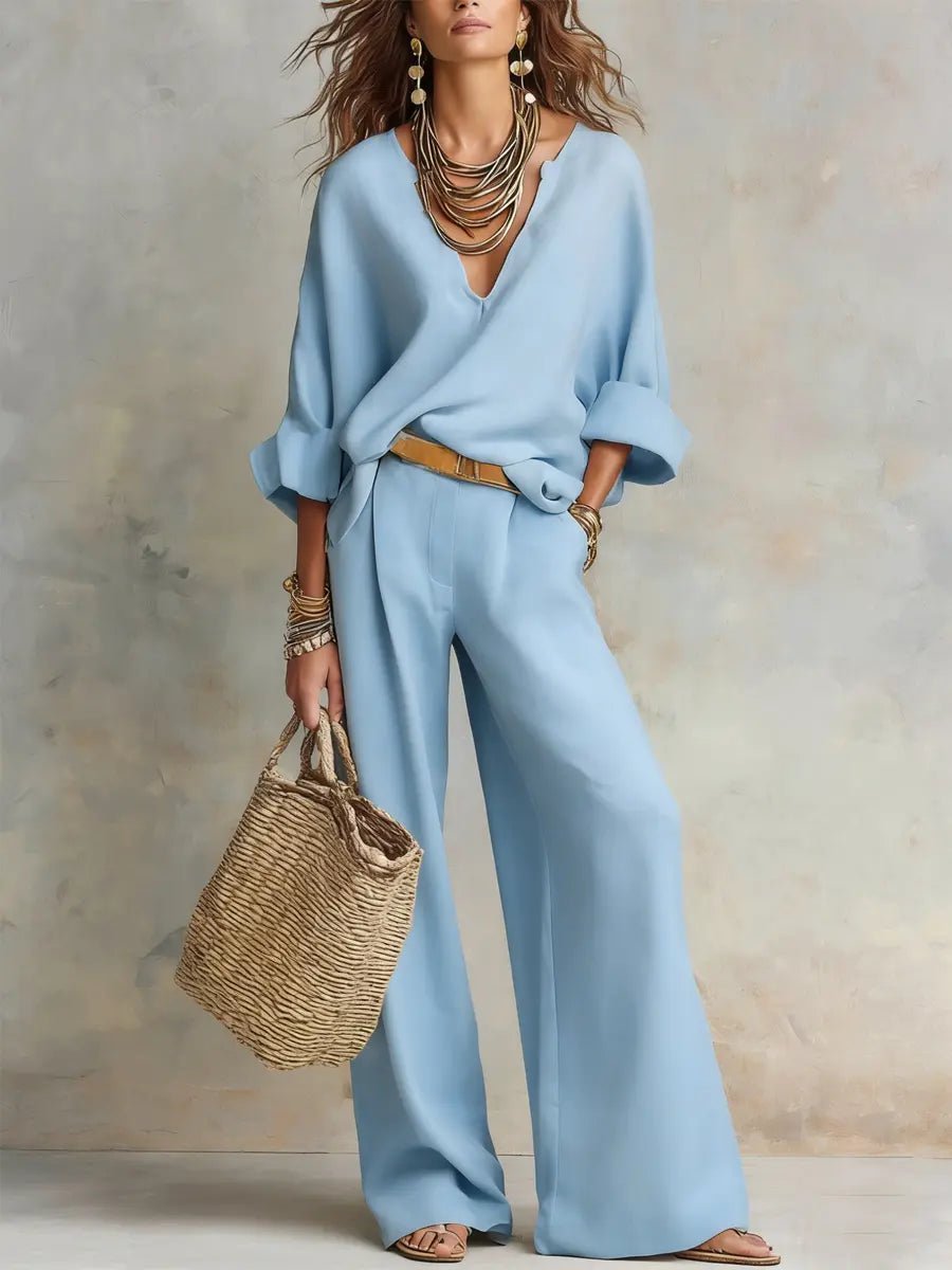 Dames Linnen Wide Leg Pants V-hals Relaxed Tweedelig Set - Blue