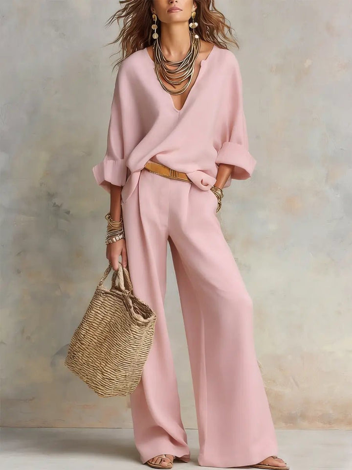 Dames Linnen Wide Leg Pants V-hals Relaxed Tweedelig Set - Pink