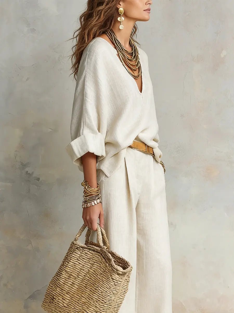 Dames Linnen Wide Leg Pants V-hals Relaxed Tweedelig Set