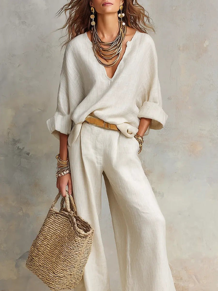 Dames Linnen Wide Leg Pants V-hals Relaxed Tweedelig Set