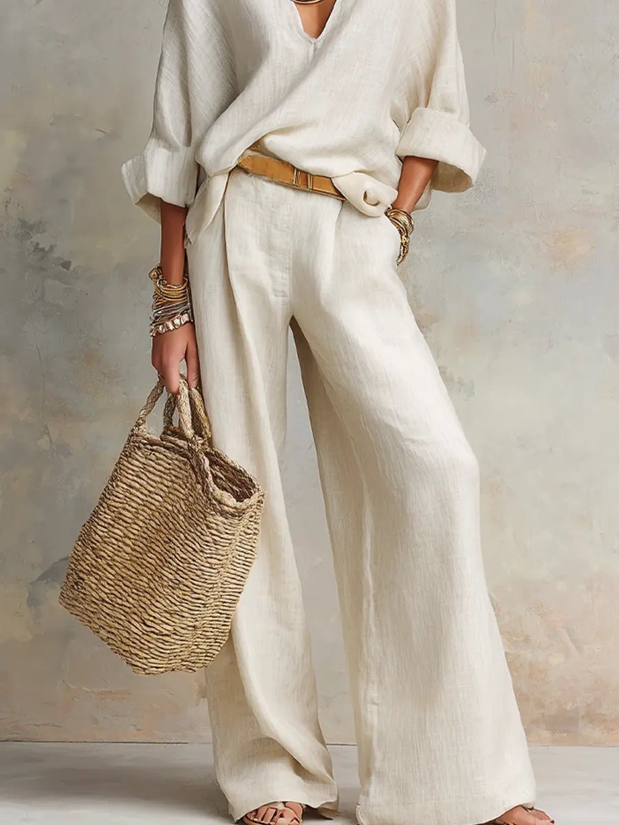 Dames Linnen Wide Leg Pants V-hals Relaxed Tweedelig Set
