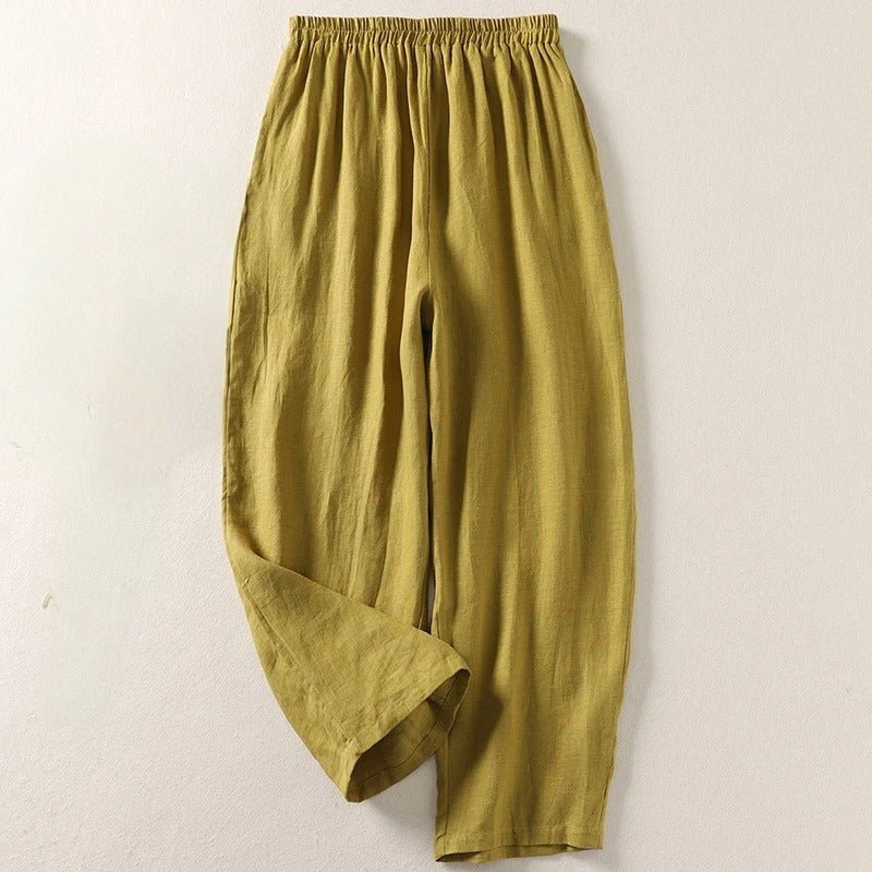 Dames Linnen Wijdvallende Broek met Elastische Taille - Olive