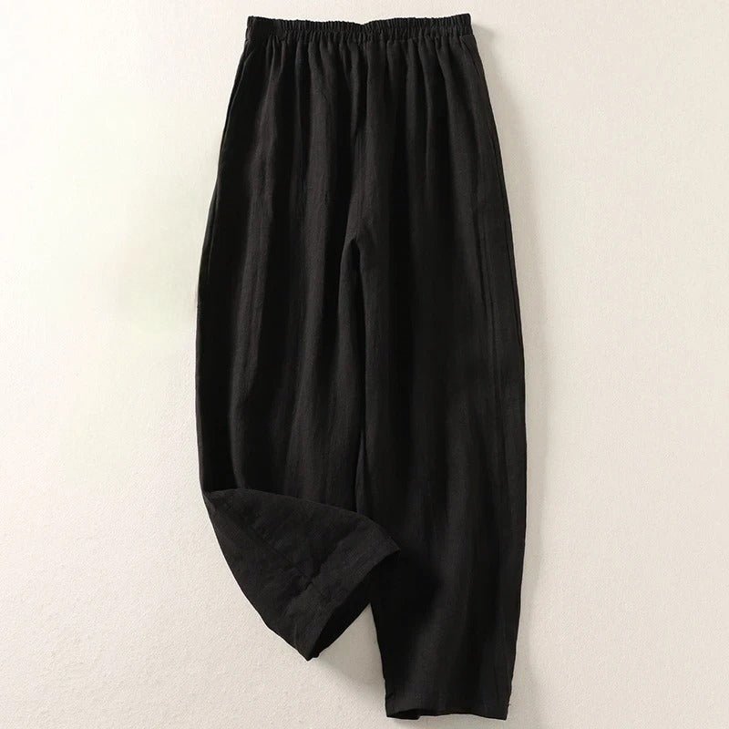 Dames Linnen Wijdvallende Broek met Elastische Taille - Black