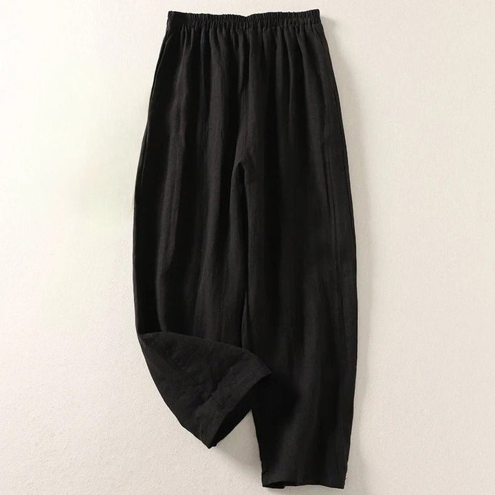 Dames Linnen Wijdvallende Broek met Elastische Taille - Black