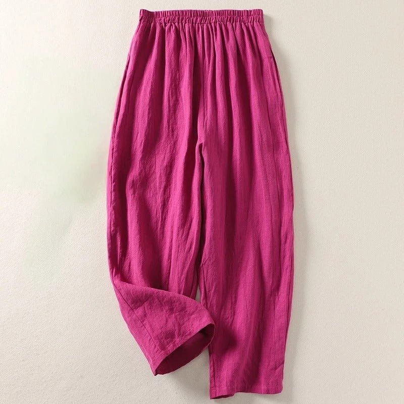 Dames Linnen Wijdvallende Broek met Elastische Taille - Pink
