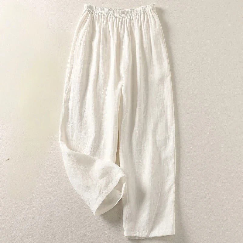 Dames Linnen Wijdvallende Broek met Elastische Taille - White