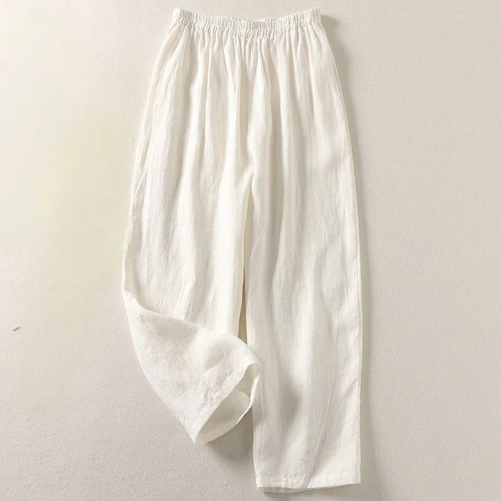 Dames Linnen Wijdvallende Broek met Elastische Taille - White