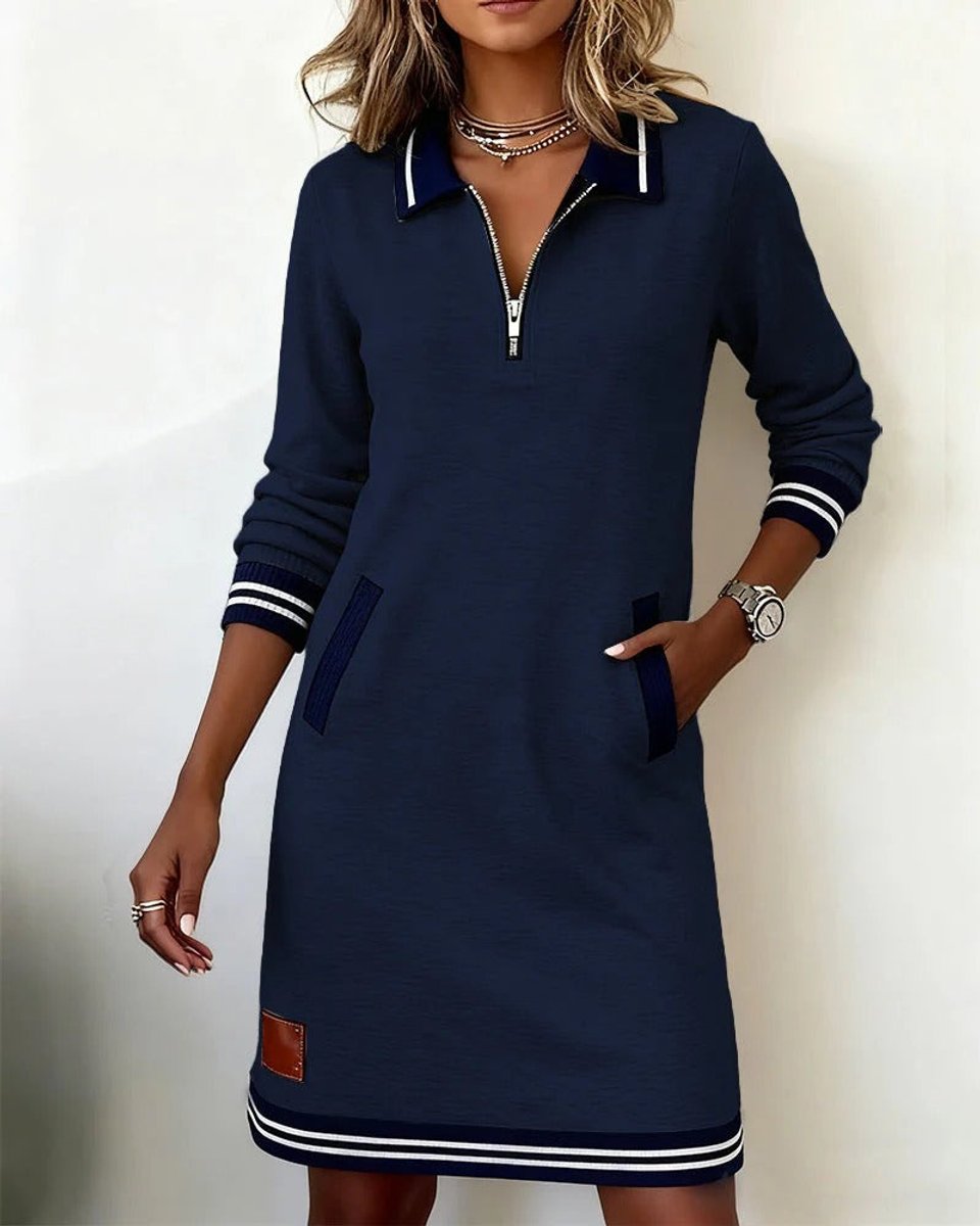 Dames Long Sleeve Dress Rechte Snit Rits Polokraag Zijzakken