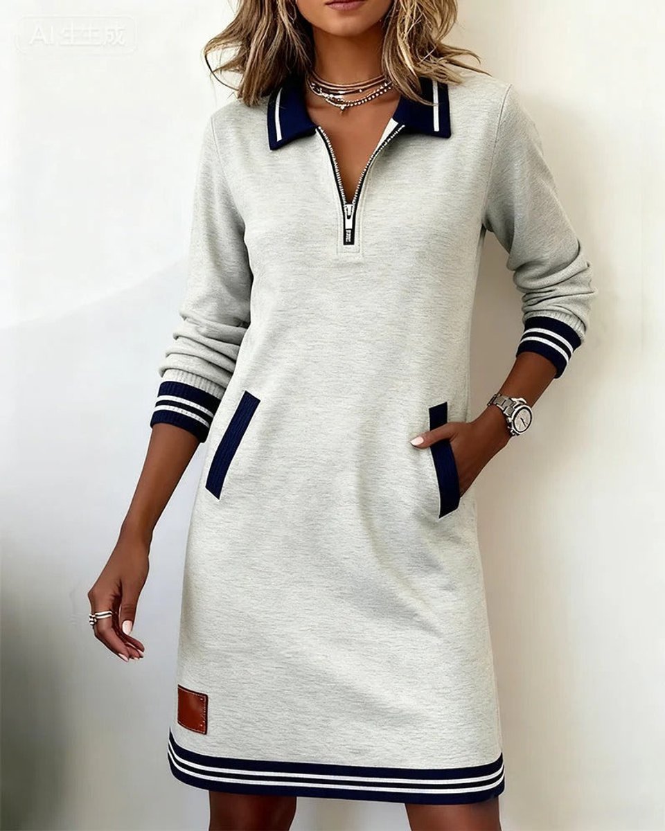 Dames Long Sleeve Dress Rechte Snit Rits Polokraag Zijzakken - Grijs