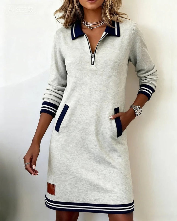 Dames Long Sleeve Dress Rechte Snit Rits Polokraag Zijzakken - Grijs