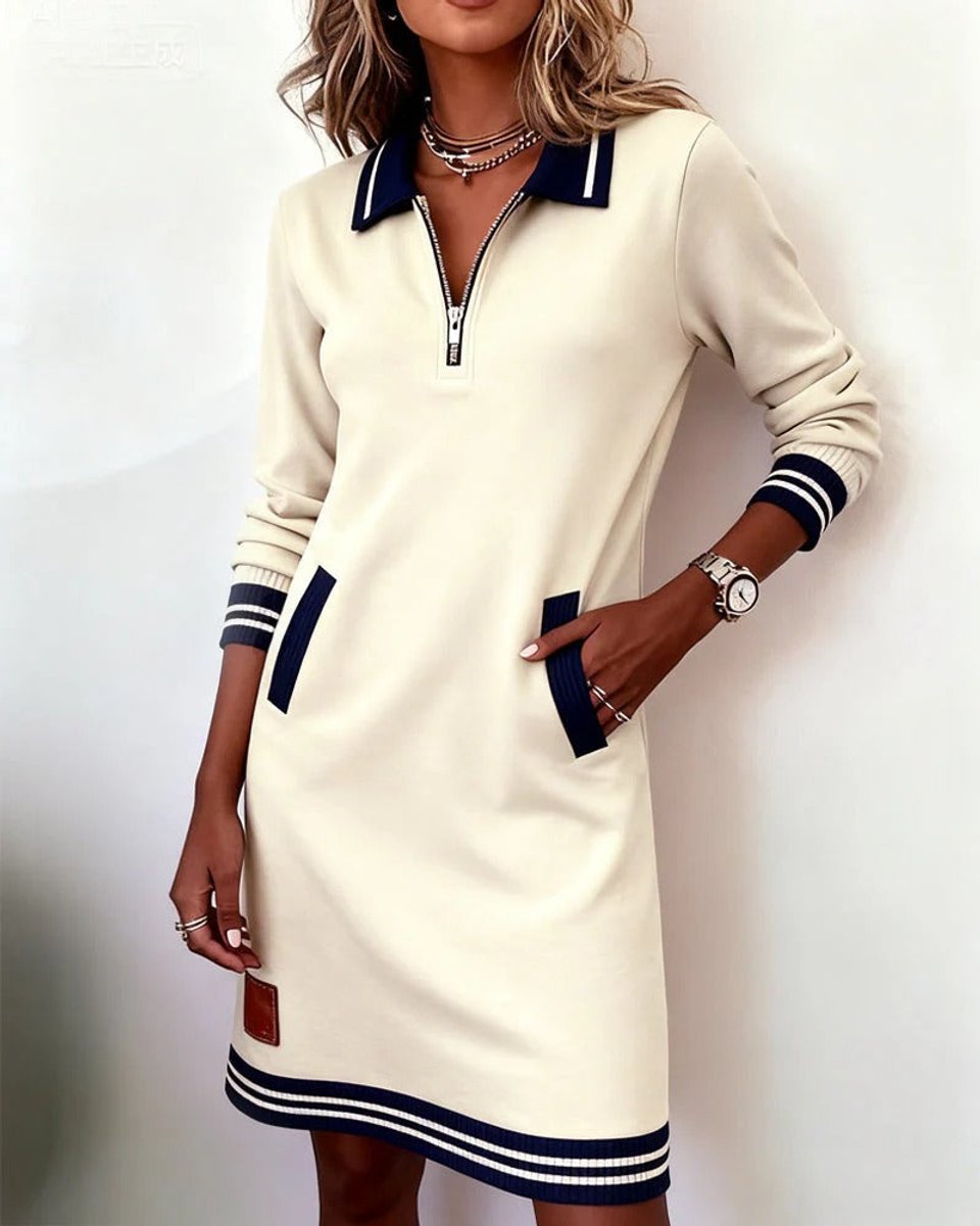 Dames Long Sleeve Dress Rechte Snit Rits Polokraag Zijzakken - Wit