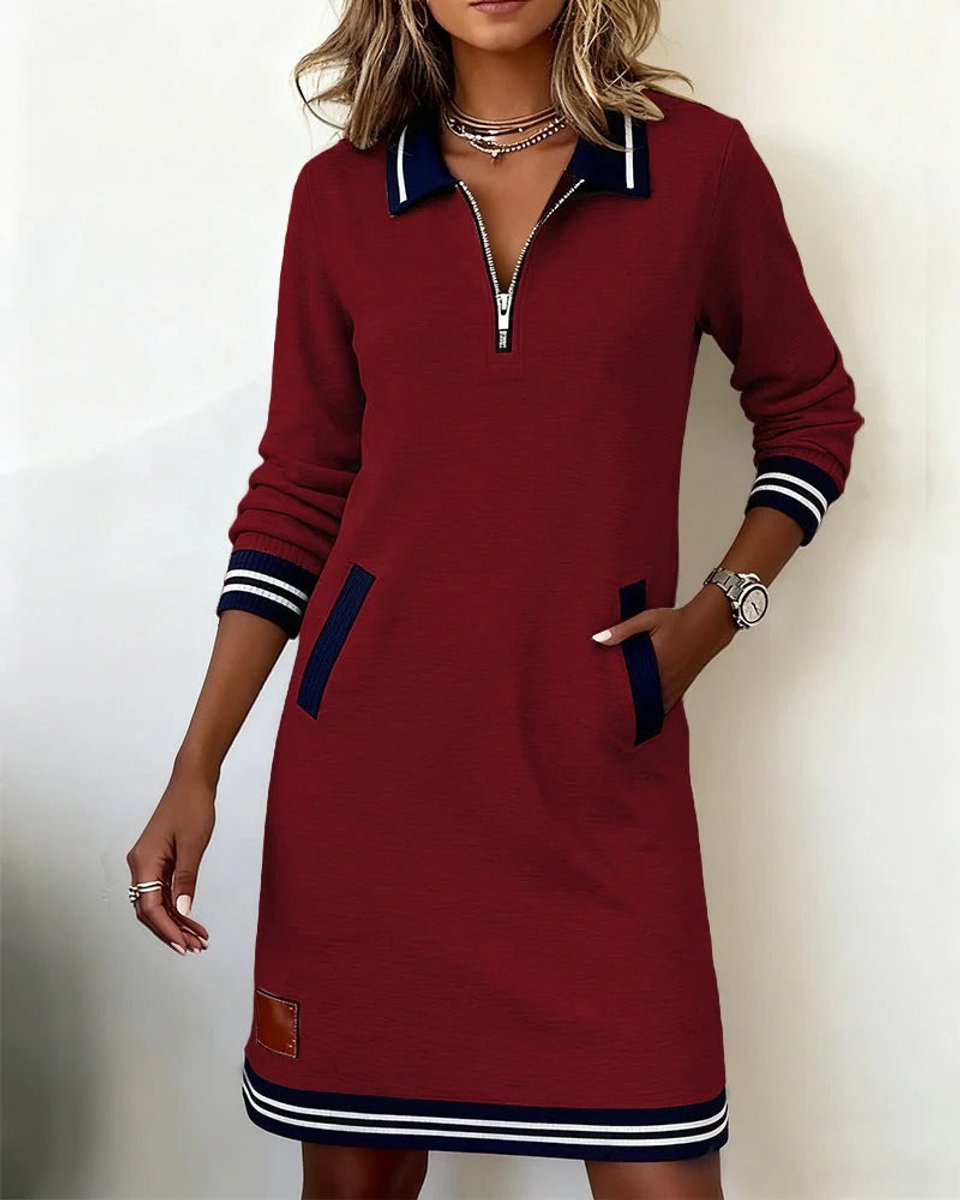Dames Long Sleeve Dress Rechte Snit Rits Polokraag Zijzakken - Rood