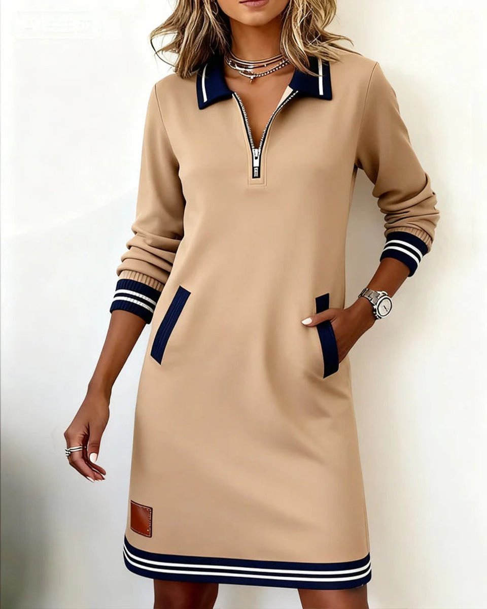 Dames Long Sleeve Dress Rechte Snit Rits Polokraag Zijzakken