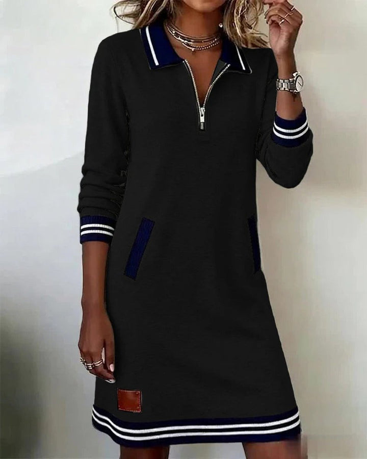 Dames Long Sleeve Dress Rechte Snit Rits Polokraag Zijzakken