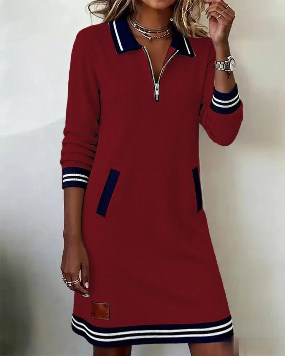 Dames Long Sleeve Dress Rechte Snit Rits Polokraag Zijzakken