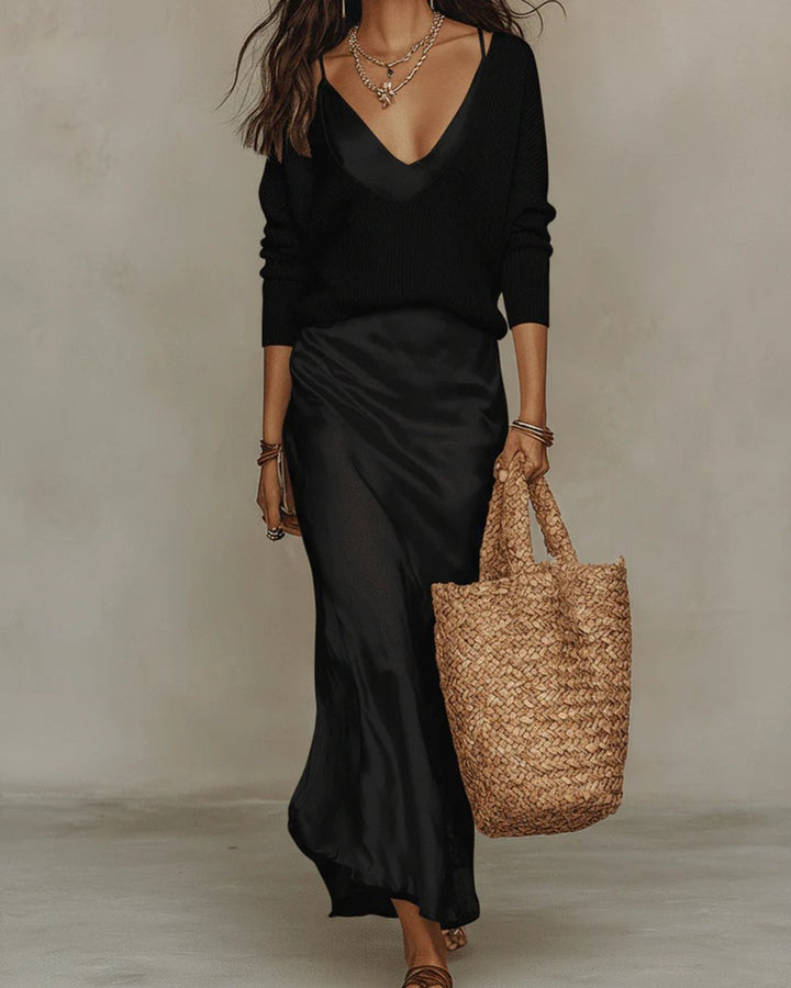 Dames Long Sleeve Dress Satijnen Midi-jurk met Gebreide Trui - Zwart