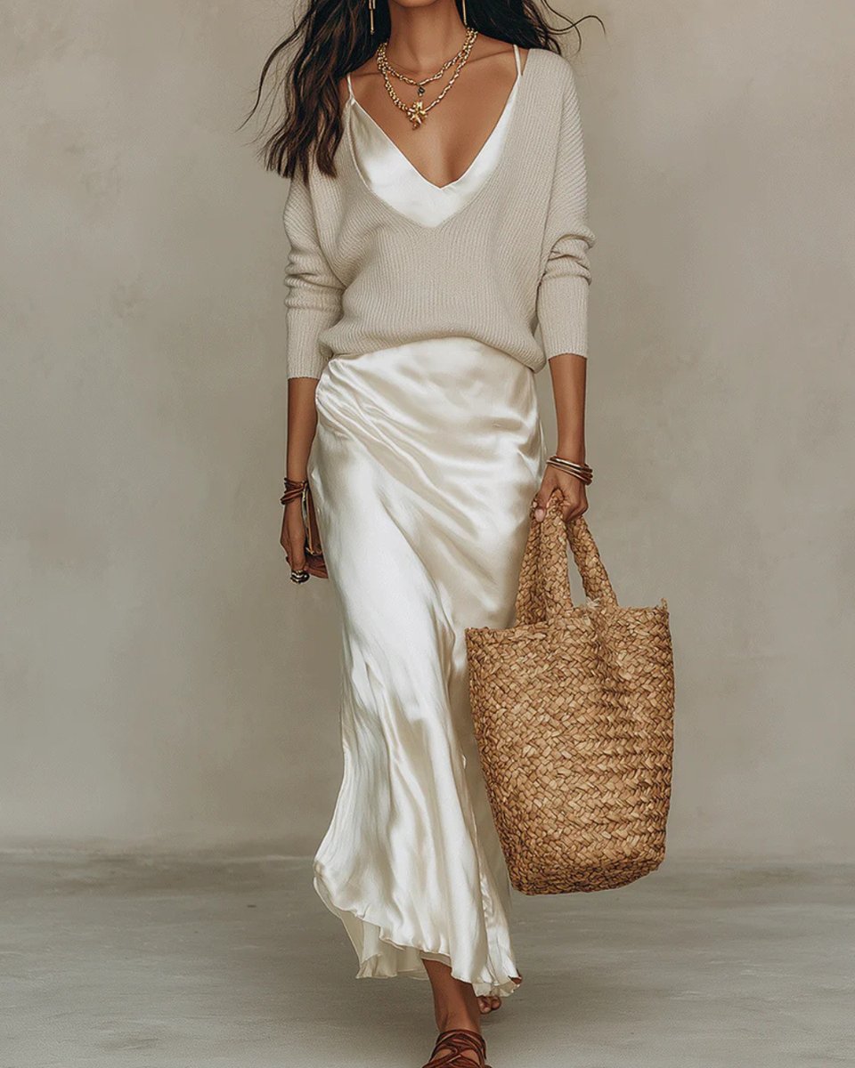 Dames Long Sleeve Dress Satijnen Midi-jurk met Gebreide Trui
