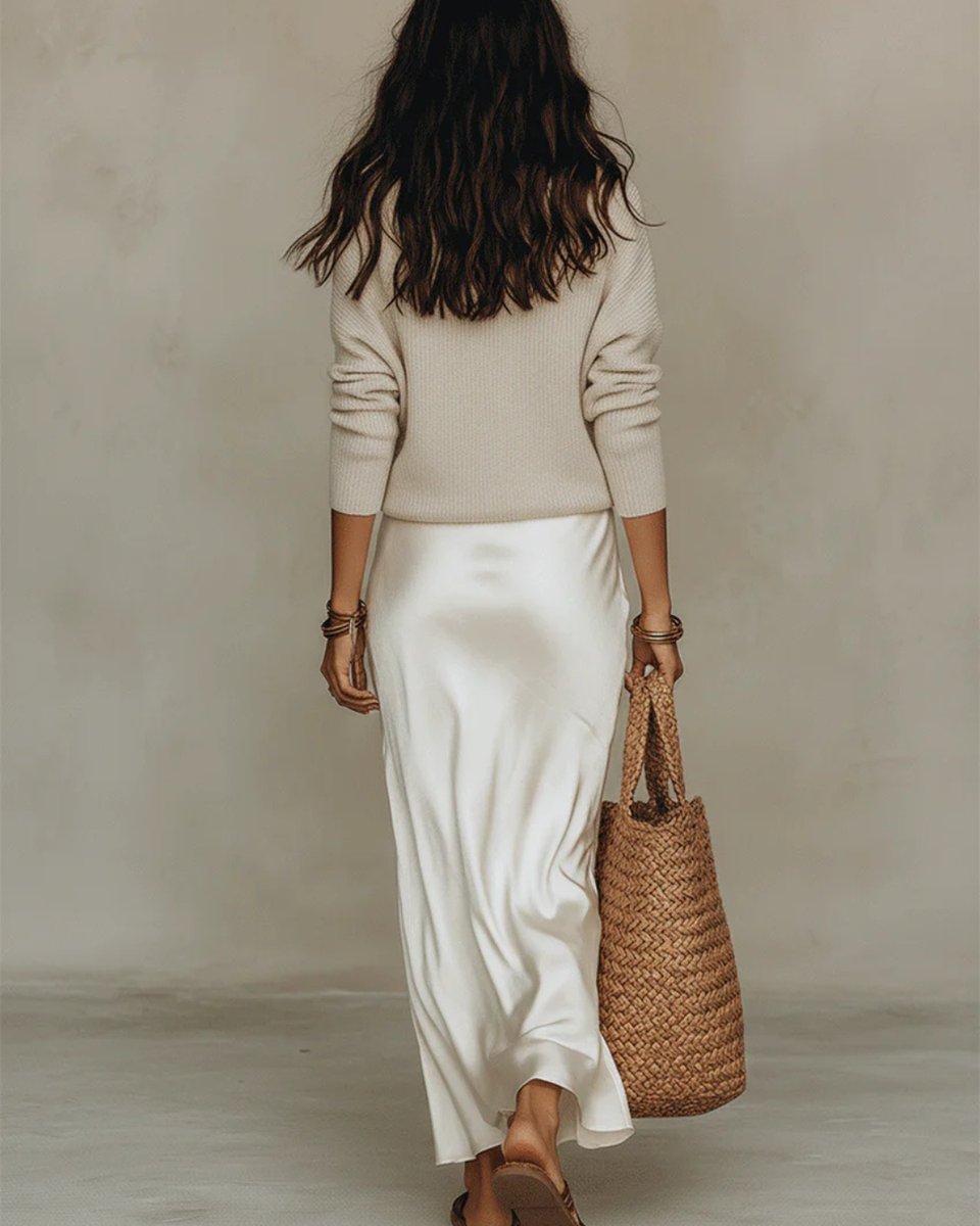 Dames Long Sleeve Dress Satijnen Midi-jurk met Gebreide Trui