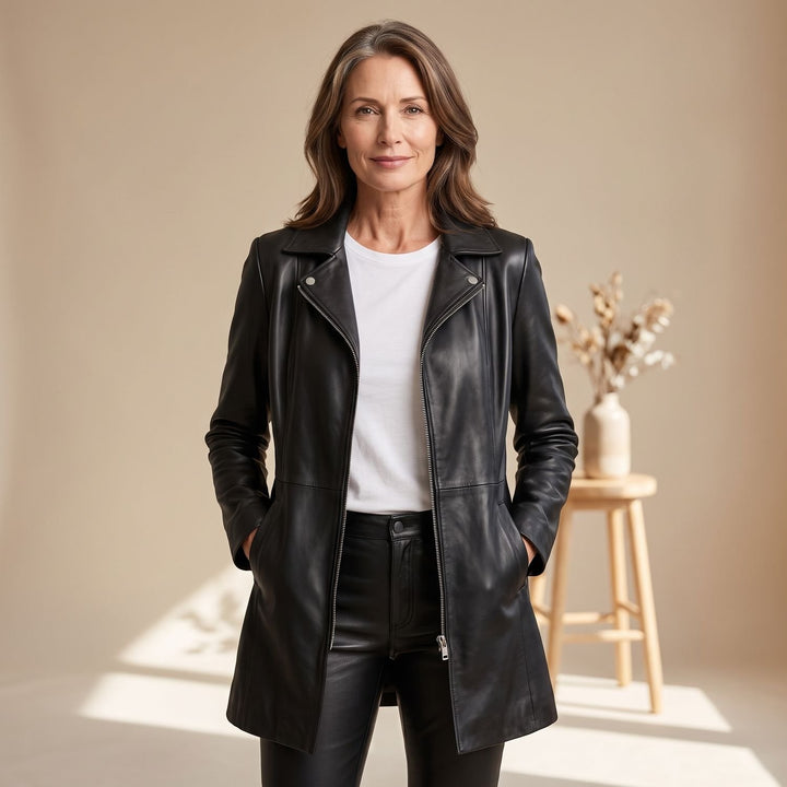Dames Longline Leren Jas Rits Sluiting Biker Stijl - Zwart
