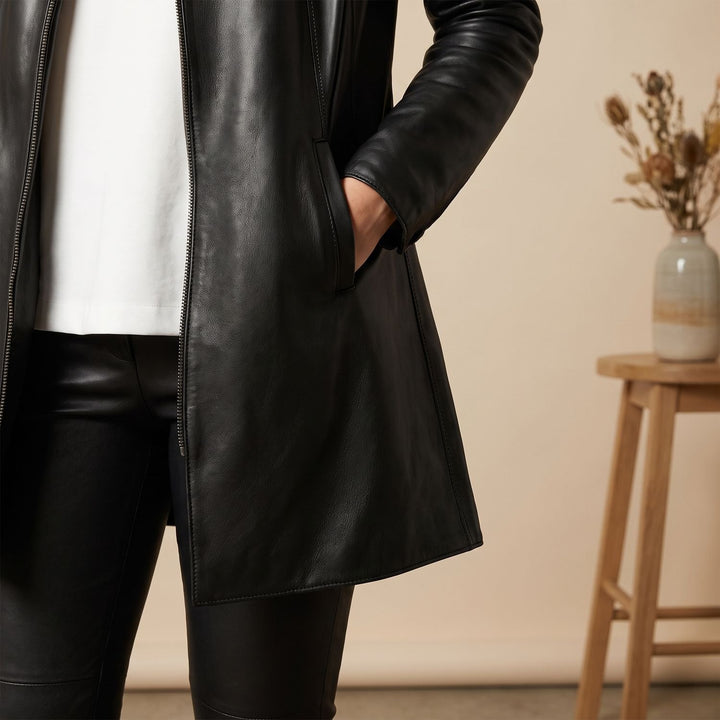 Dames Longline Leren Jas Rits Sluiting Biker Stijl