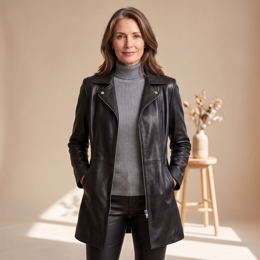 Dames Longline Leren Jas Rits Sluiting Biker Stijl