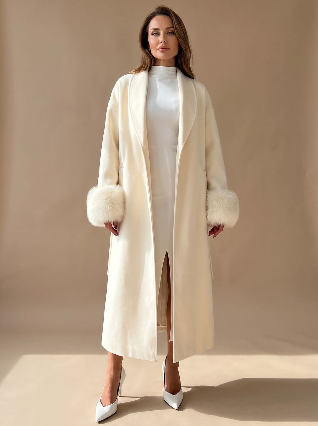 Dames Longline Open Jas met Imitatiebont Manchetten - Wit