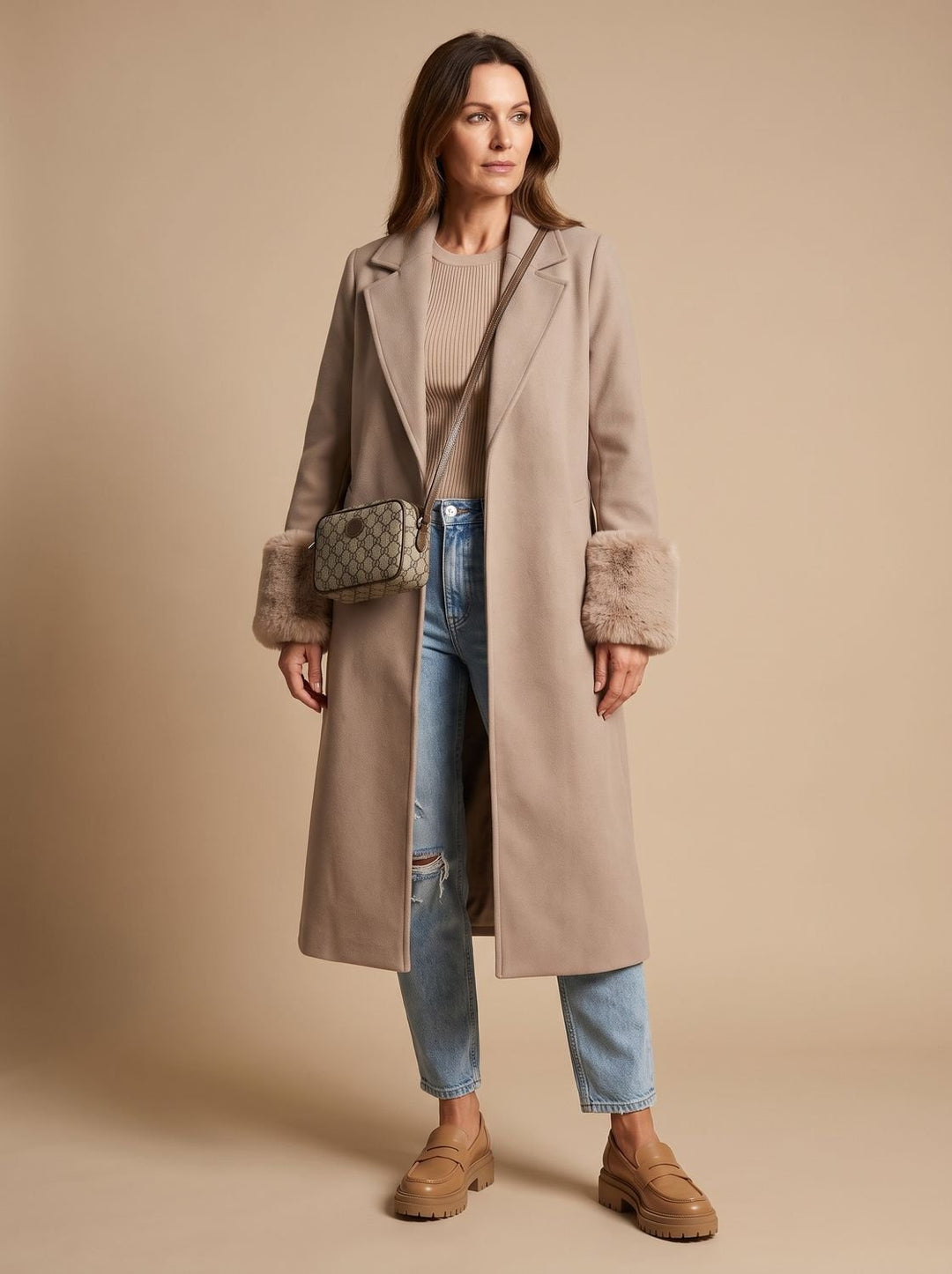 Dames Longline Open Jas met Imitatiebont Manchetten - Abrikoos