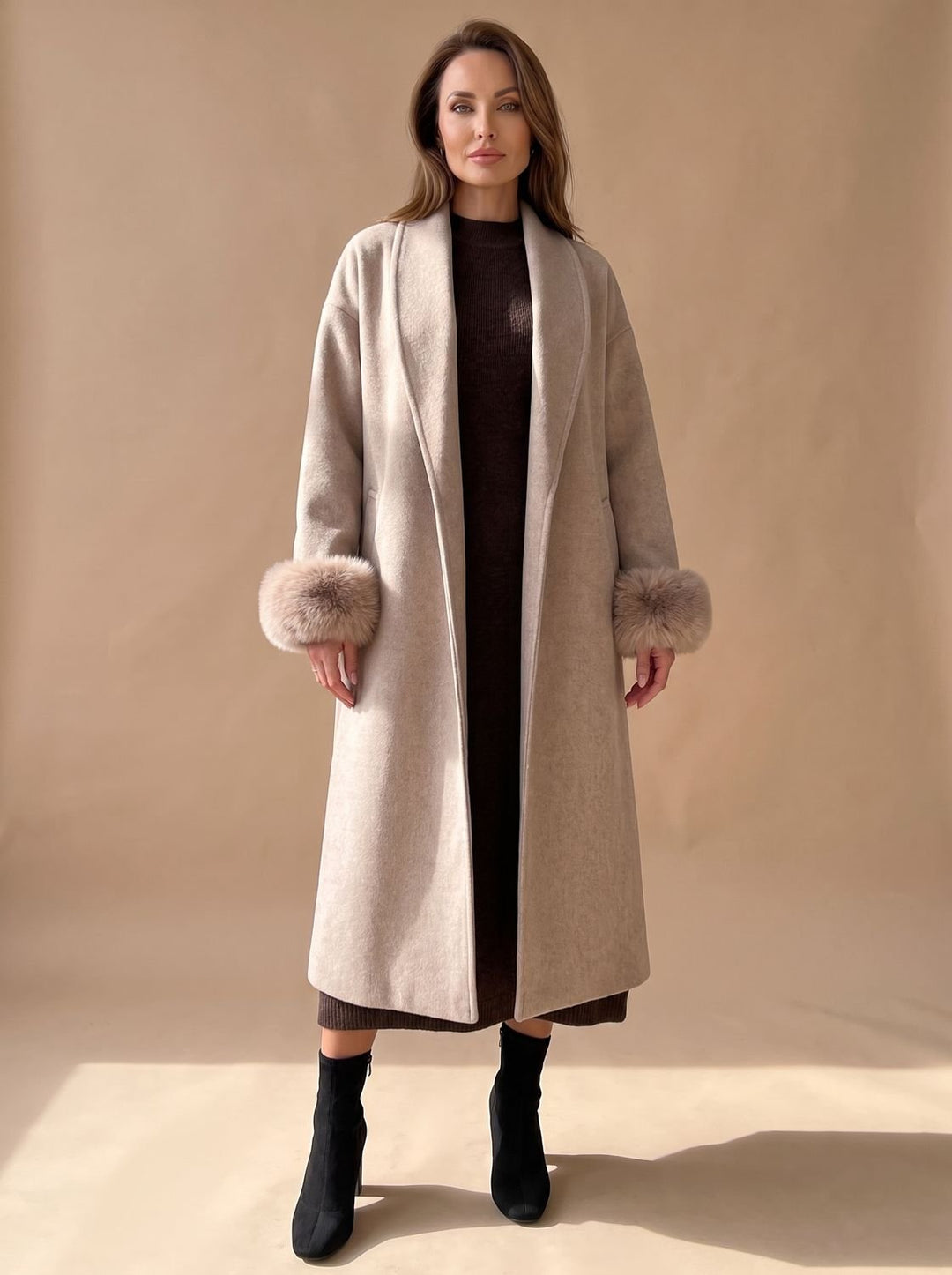 Dames Longline Open Jas met Imitatiebont Manchetten - Lichtlila