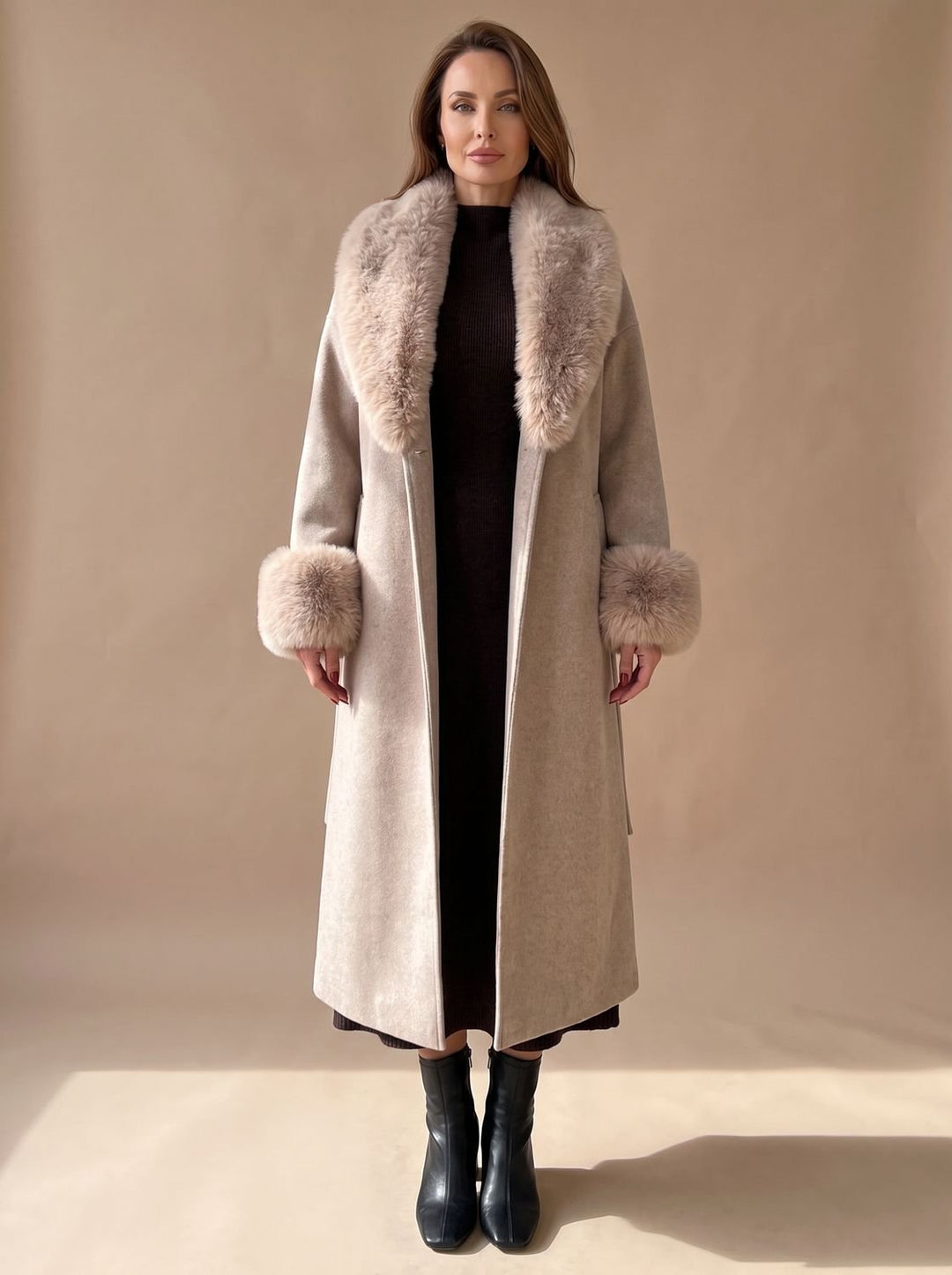 Dames Longline Open Jas met Imitatiebont Manchetten
