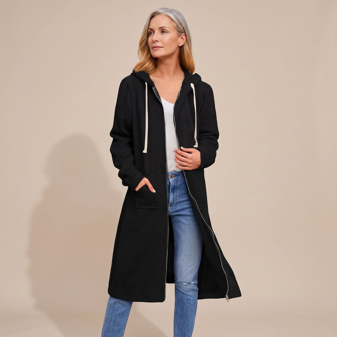 Dames Longline Zip-Through Hoodie Vest met Capuchon en Zakken - Zwart