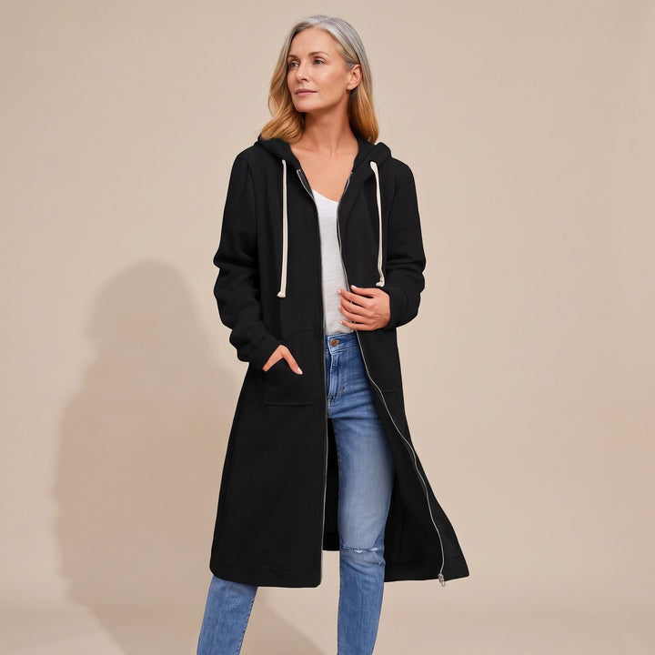 Dames Longline Zip-Through Hoodie Vest met Capuchon en Zakken - Zwart