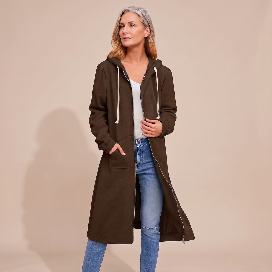 Dames Longline Zip-Through Hoodie Vest met Capuchon en Zakken - Bruin