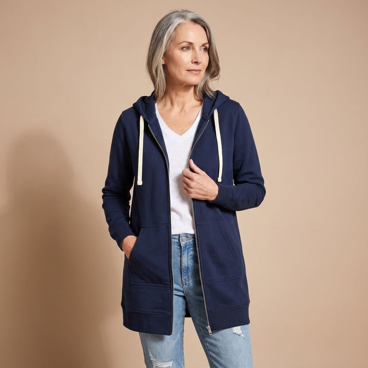 Dames Longline Zip-Through Hoodie Vest met Capuchon en Zakken - Marineblauw