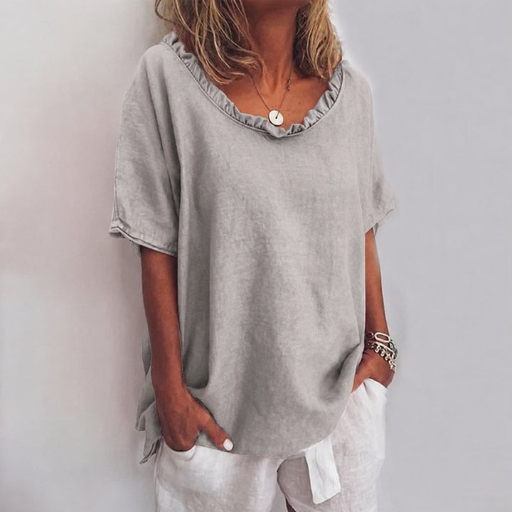 Dames Loose-Fit Ruches Hals Korte Mouw Blouse - Gray