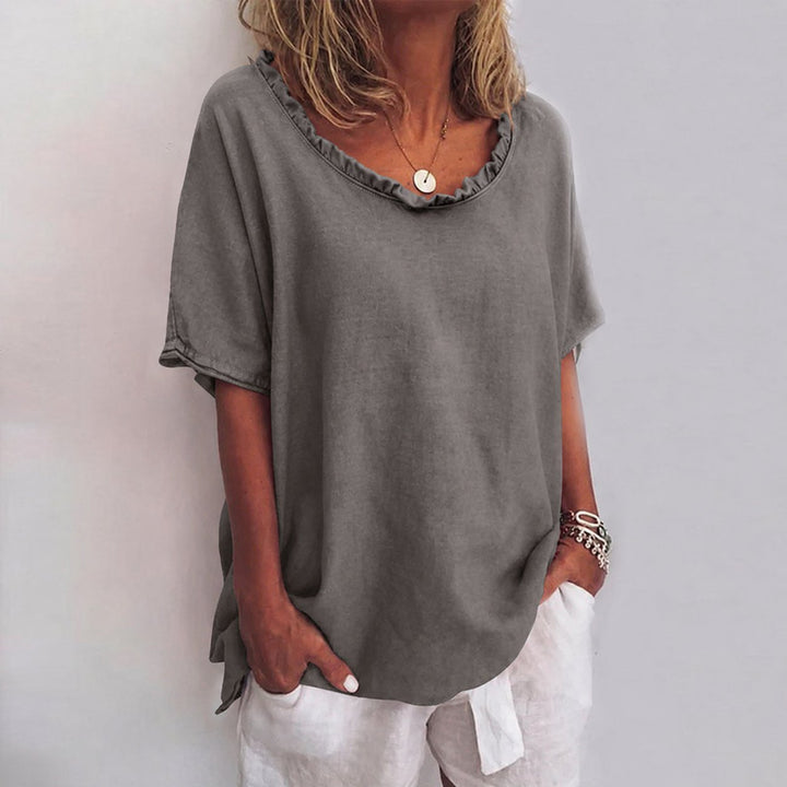 Dames Loose-Fit Ruches Hals Korte Mouw Blouse - Dark Gray