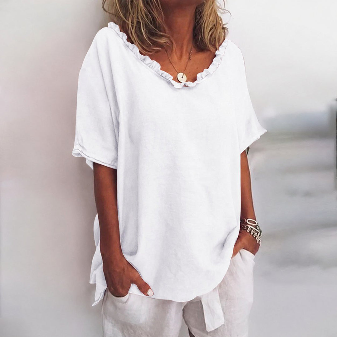 Dames Loose-Fit Ruches Hals Korte Mouw Blouse - White