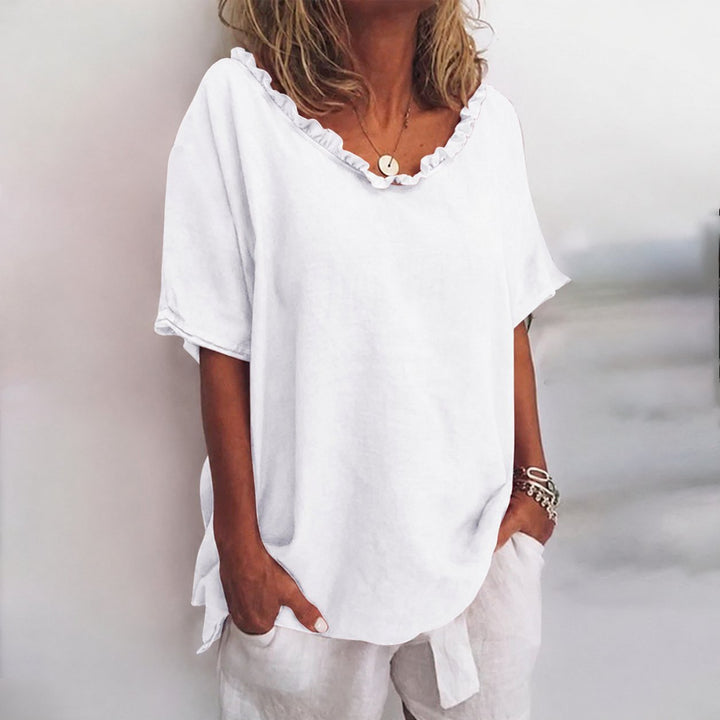 Dames Loose-Fit Ruches Hals Korte Mouw Blouse - White