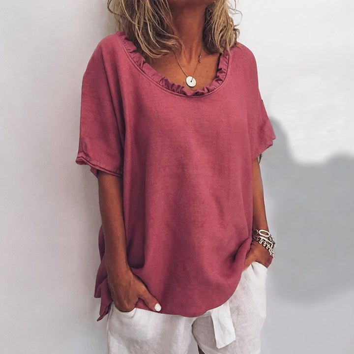 Dames Loose-Fit Ruches Hals Korte Mouw Blouse - Dark Pink