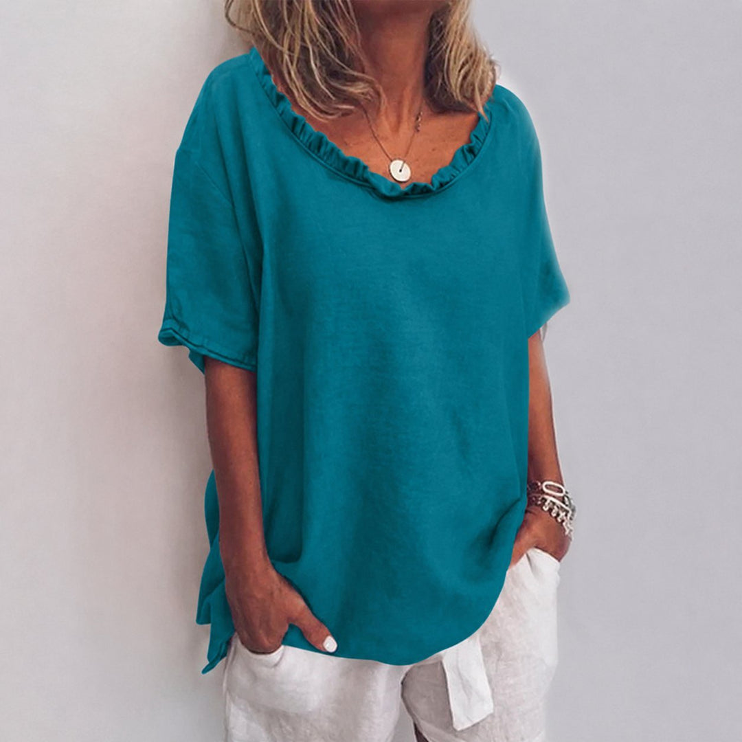 Dames Loose-Fit Ruches Hals Korte Mouw Blouse - Sea Blue