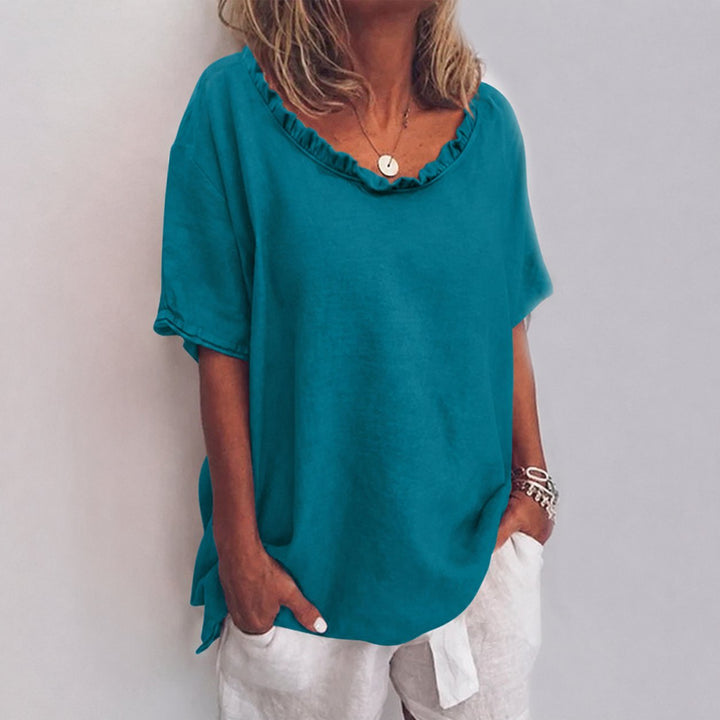 Dames Loose-Fit Ruches Hals Korte Mouw Blouse - Sea Blue
