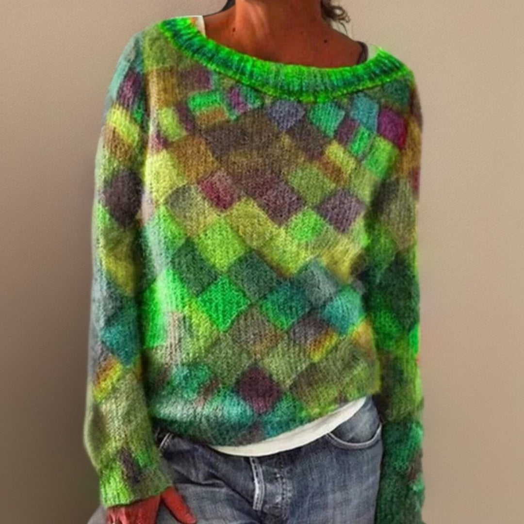Dames Losjes Zittende Kleurblok Ruitpatroon Knit Sweater - Groen