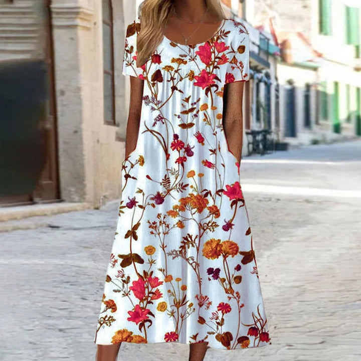 Dames Losse A-lijn Bloemenprint Midi-jurk Korte Mouwen - Rood