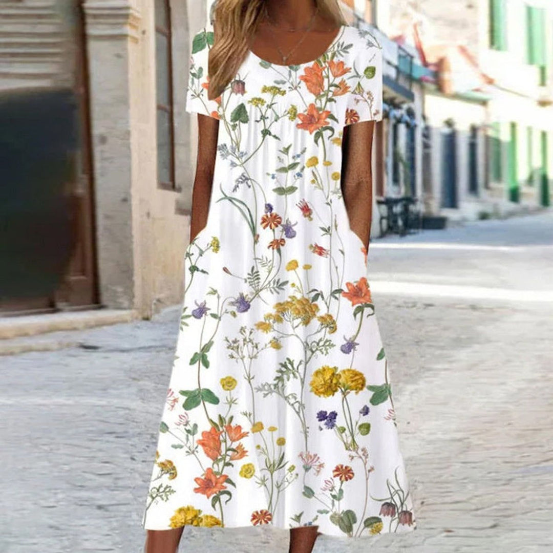 Dames Losse A-lijn Bloemenprint Midi-jurk Korte Mouwen - Wit