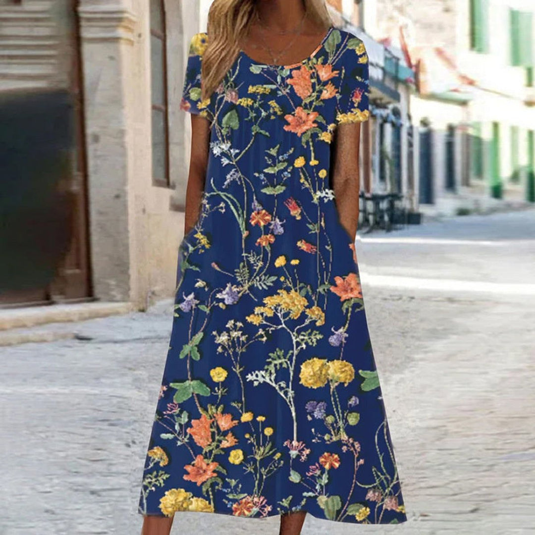 Dames Losse A-lijn Bloemenprint Midi-jurk Korte Mouwen - Donkerblauw