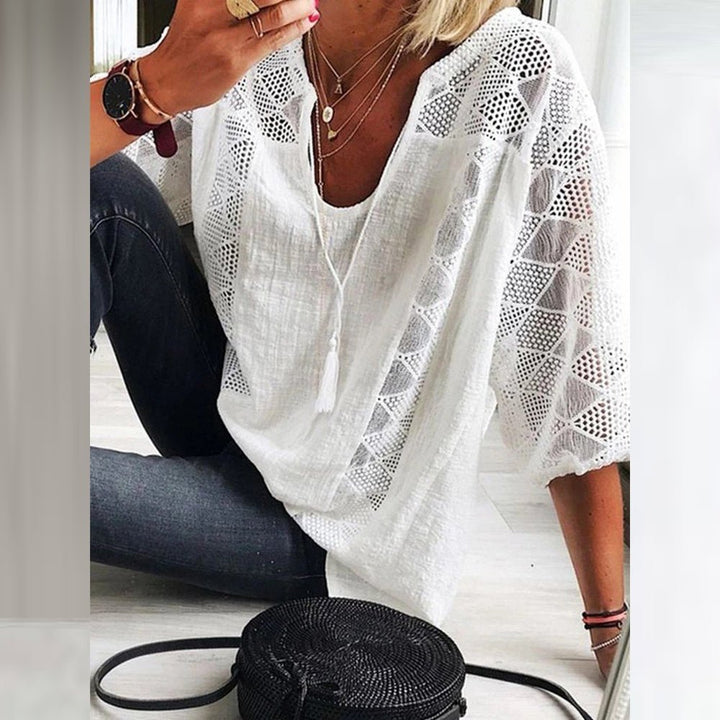 Dames Losse Bohemian Haakwerk Driekwart-Mouw Blouse - White(Only 3 left!)
