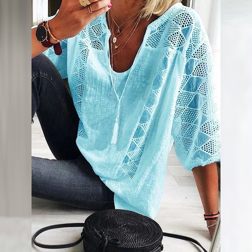 Dames Losse Bohemian Haakwerk Driekwart-Mouw Blouse - Light Blue (Only 2 left!)